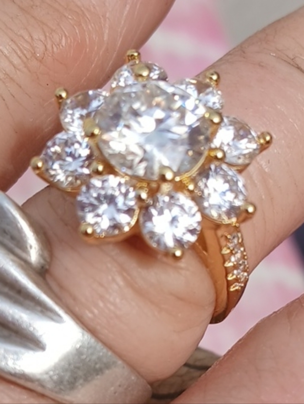 Gold Floral Halo Ring with Clear Stones
